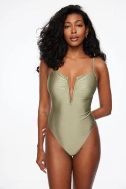 Dynamite V-Neck Wire One Piece In Soft Moss Green