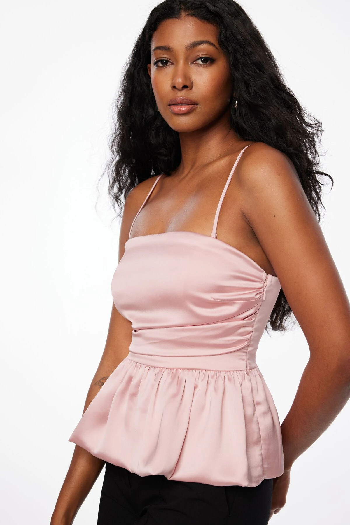 Dynamite Ruched Peplum Satin Top In Lotus Pink - Image 4