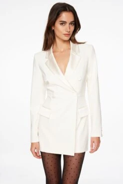 Dynamite Lydie Tuxedo Blazer Romper In Sea Salt Off White