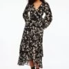 Dynamite Long Sleeve Ruffled Wrap Dress In Black & Beige Floral