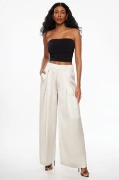 Dynamite Pleated Wide Leg Satin Pants In Polished Pearl Off-White