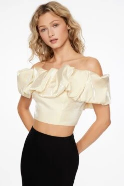 Dynamite Ruffle Off Shoulder Statement Top In Champagne Gold