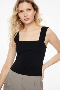 Dynamite Lota Sculpt Long Bare Square Neck Top In Jet Black