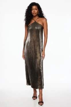 Dynamite Metallic Halter Pleated Midi Dress In Midnight Dream Gold