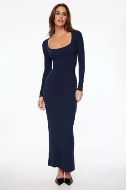Dynamite Selena Long Sleeve Ribbed Maxi Dress In Navy Blazer