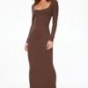 Dynamite Selena Long Sleeve Ribbed Maxi Dress In French Roast Brown
