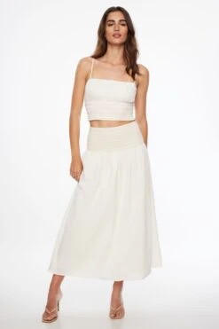 Dynamite Drop Waist Smocked Maxi Skirt In Sea Salt Off-White W/ Almond Tan Thread