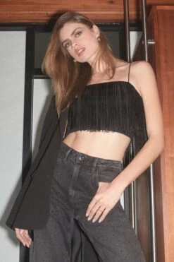 Dynamite Bare Fringe Crop Top In Jet Black