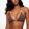 Dynamite Beaded Slider Triangle Bikini Top In French Roast Brown
