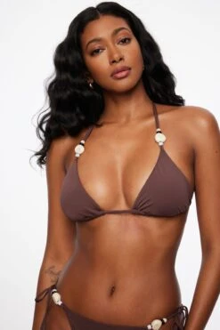 Dynamite Beaded Slider Triangle Bikini Top In French Roast Brown