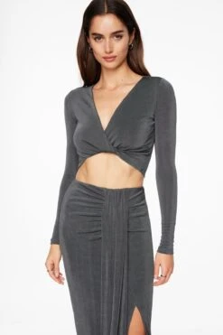 Dynamite Long Sleeve Slinky Crop Top In Turbulence Grey