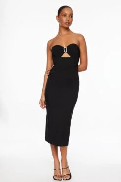 Dynamite Cutout Rhinestone Buckle Midi Dress In Jet Black