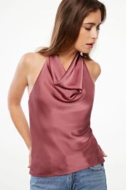 Dynamite Draped Satin Halter Top In Deco Rose