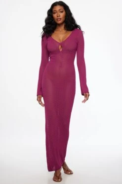 Dynamite Sheer Keyhole Pointelle Maxi Dress In Raspberry Radiance Purple