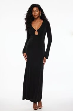 Dynamite Slinky Deep V-Neck Maxi Dress In Jet Black