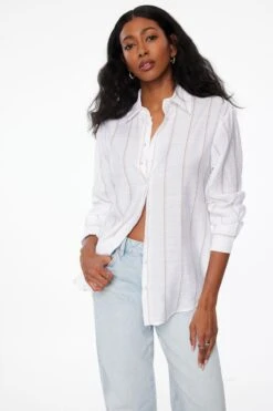 Dynamite Frida Airflow Stripe Shirt In White & Brown Stripes