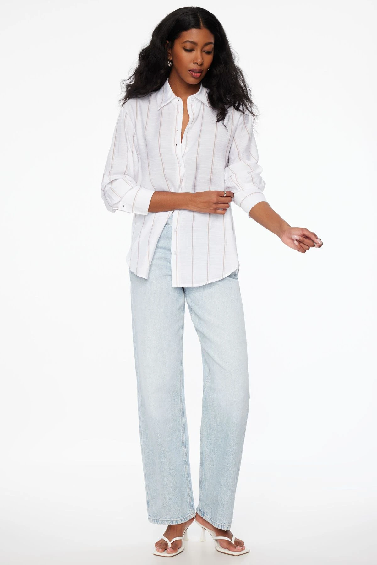 Dynamite Frida Airflow Stripe Shirt In White & Brown Stripes - Image 2