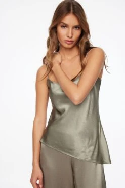 Dynamite Asymmetric Satin Cami In Light Pewter Khaki
