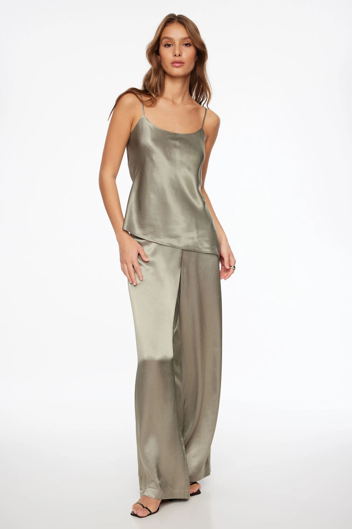 Dynamite Asymmetric Satin Cami In Light Pewter Khaki - Image 2