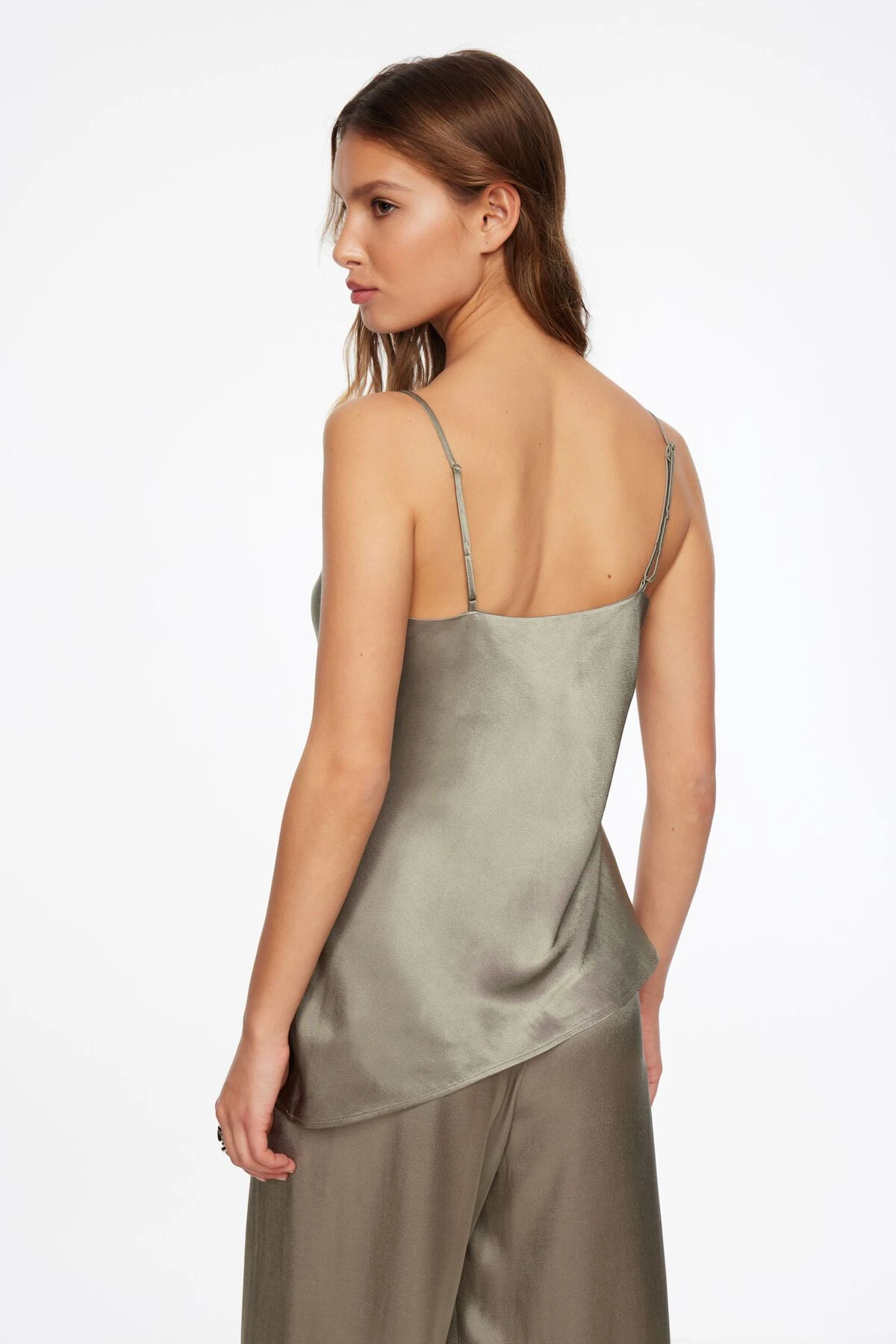 Dynamite Asymmetric Satin Cami In Light Pewter Khaki - Image 3