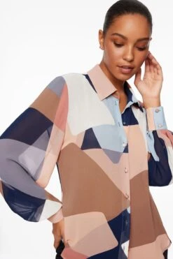 Dynamite Sheer Balloon Sleeve Blouse In Blue Abstract