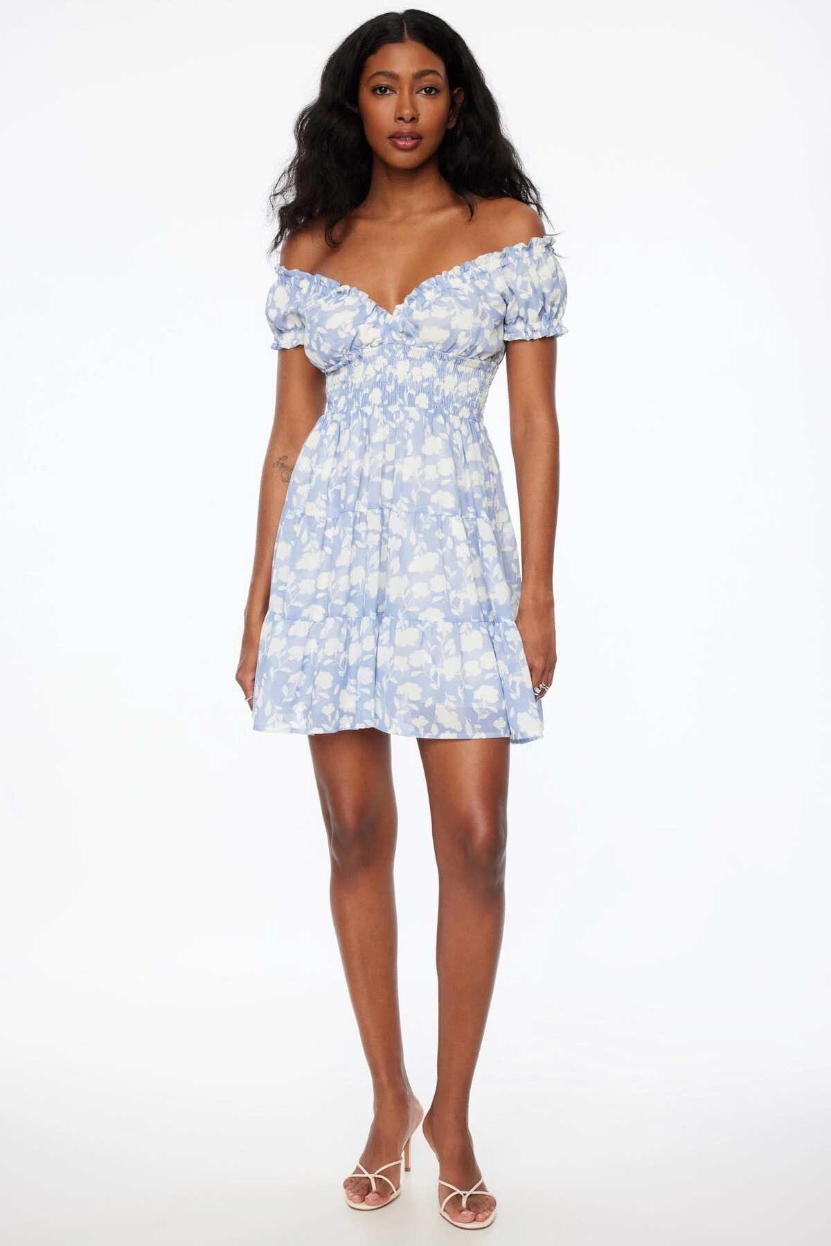 Dynamite Delphine Smocked Mini Dress In Blue & White Floral