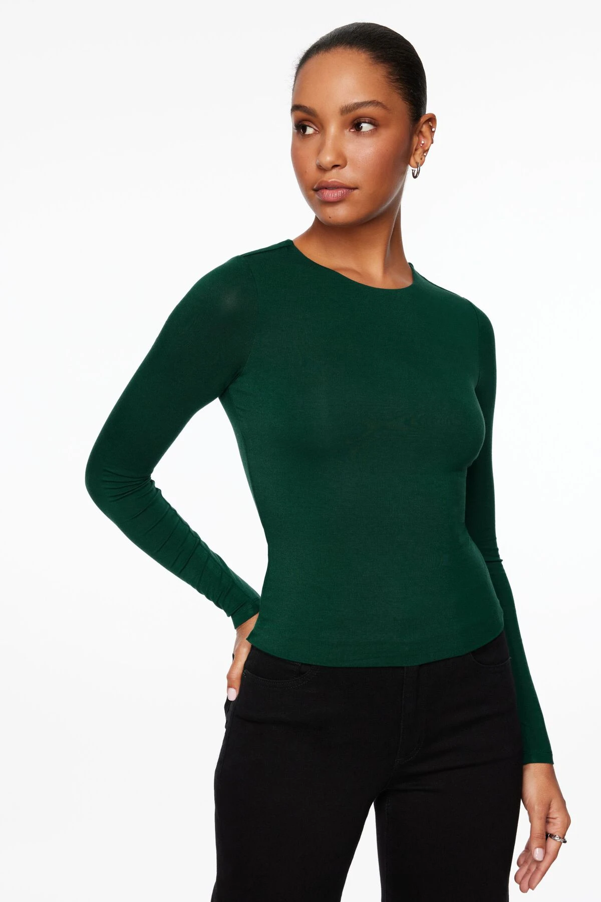 Dynamite Kyla Long Sleeve Jersey Top In Jewel Green