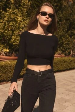 Dynamite Havyn Boatneck Jersey Crop Top In Jet Black