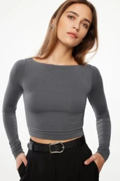 Dynamite Havyn Boatneck Jersey Crop Top In Turbulence Grey
