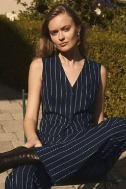 Dynamite Millie Tailored Four Button Vest In Navy & White Pinstripe