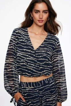 Dynamite Graphic Wrap Top In Navy Wave