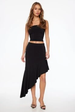 Dynamite Sculpt Asymmetric Ruffle Midi Skirt In Jet Black