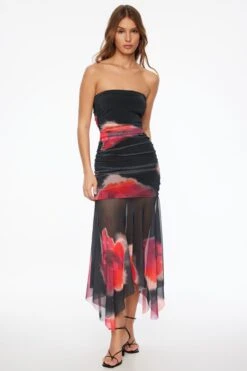 Dynamite Ruched Mesh Tube Midi Dress In Black & Pink Floral