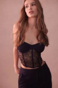 Dynamite Sheer Lace Bustier Corset Top In Jet Black