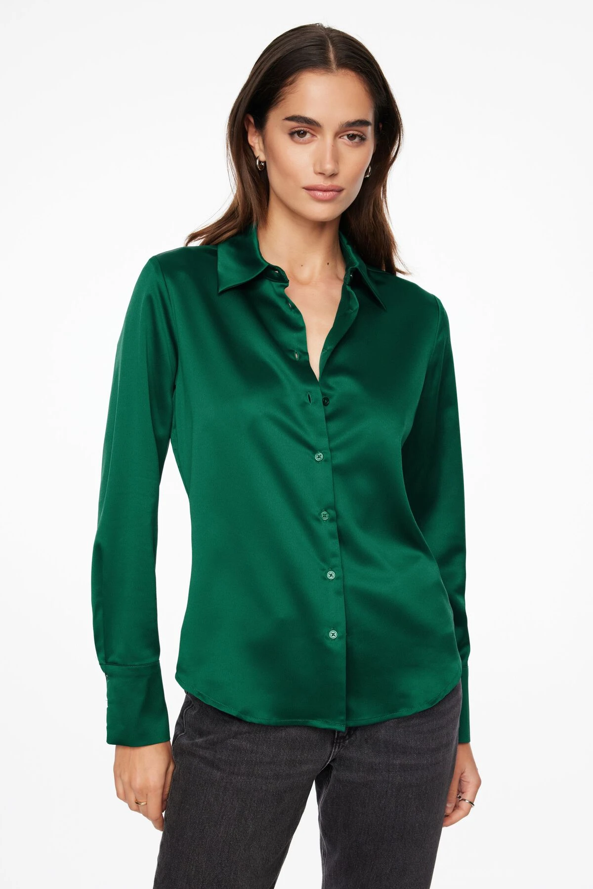 Dynamite Matisse Slim Satin Button Up Shirt In Jewel Green