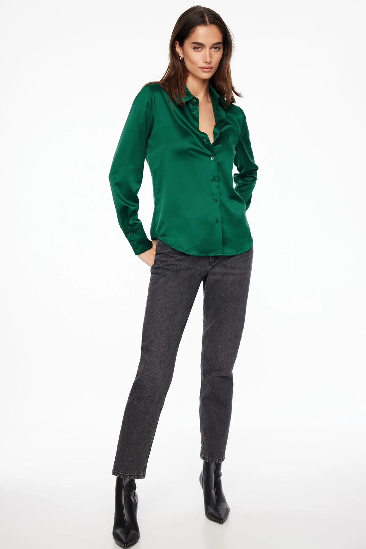 Dynamite Matisse Slim Satin Button Up Shirt In Jewel Green - Image 2