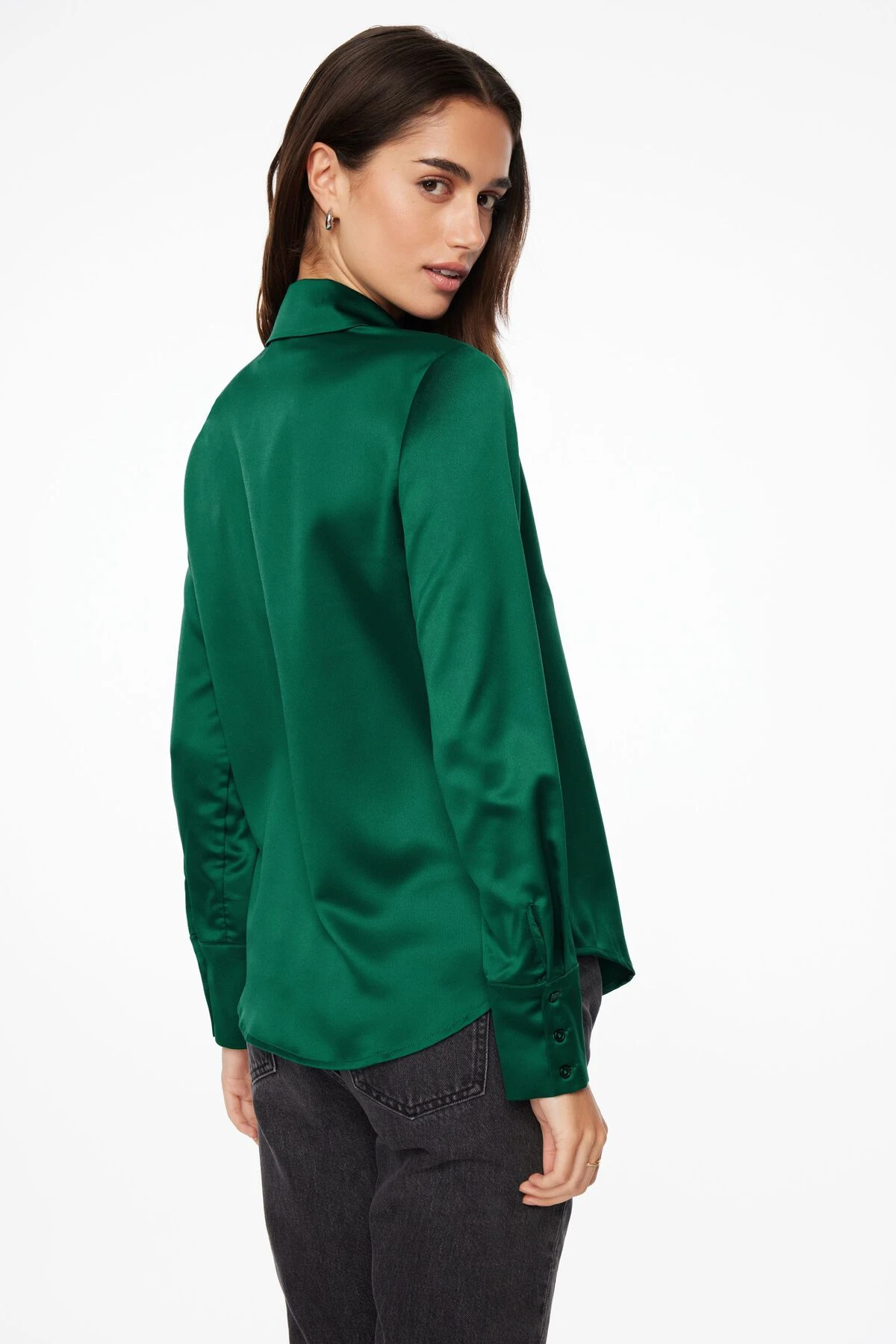 Dynamite Matisse Slim Satin Button Up Shirt In Jewel Green - Image 3