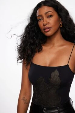 Dynamite Semi Sheer Lace Bodysuit In Jet Black