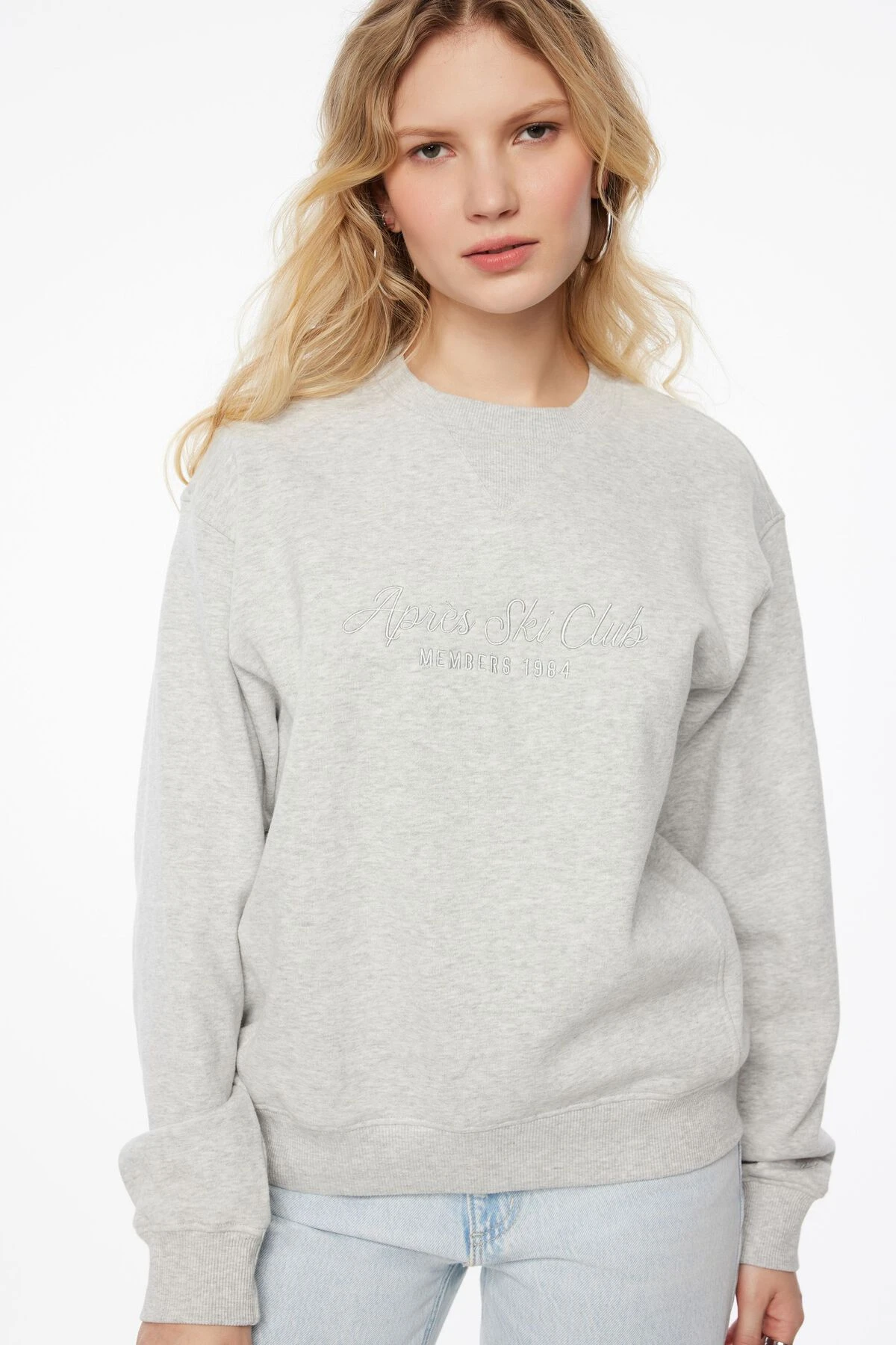 Dynamite Classic Embroidered Sweatshirt In Fall Grey & Apres Ski Club