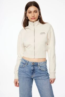 Dynamite Mock Neck Zip Embroidered Sweatshirt In Polished Pearl & Club 1984 Art