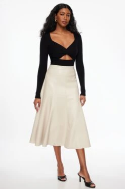 Dynamite A-Line Faux Leather Midi Skirt In Natural Grey