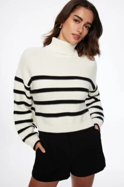 Dynamite Crop Turtleneck Sweater In Snow White W/ Black Stripes