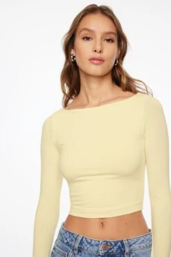 Dynamite Havyn Boatneck Jersey Crop Top In Transparent Yellow