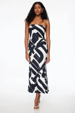 Dynamite Strapless Satin Slip Maxi Dress In Navy & Cream Abstract