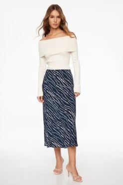 Dynamite Melody Slip Midi Skirt In Navy & Cream Wavy
