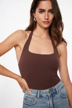 Dynamite Halter Neck Bodysuit In French Roast Brown