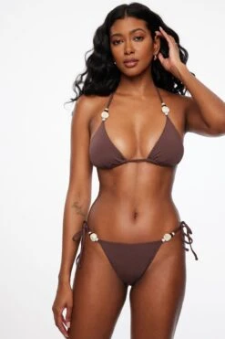 Dynamite Beaded Side Tie Bikini Bottom In French Roast Brown